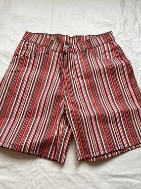 Vintage 90s Levis jean shorts red orange striped 967 juniors 9 relaxed fit